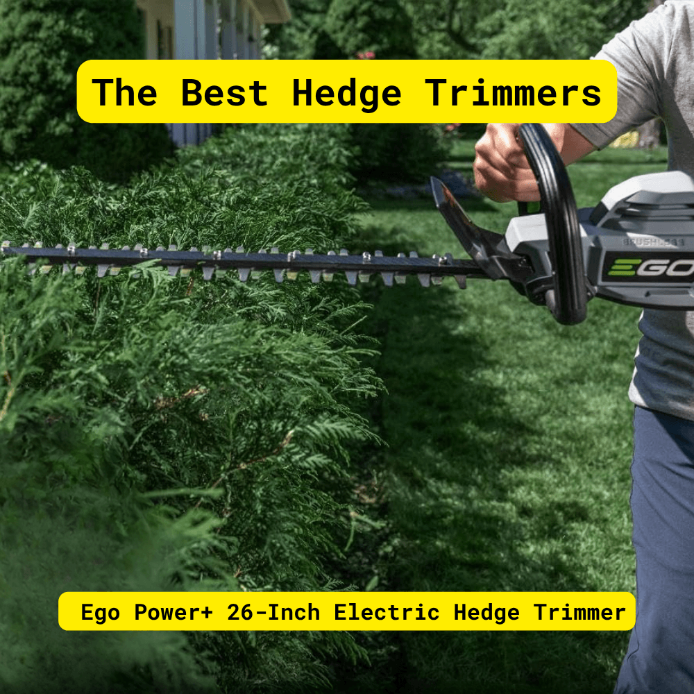 EGO Power+ 26-inch cordless hedge trimmer trimming green bushes with precision