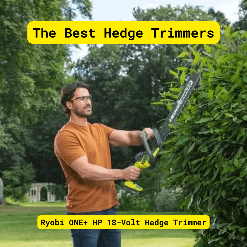 Ryobi ONE+ HP 18-volt hedge trimmer shaping tall garden hedge