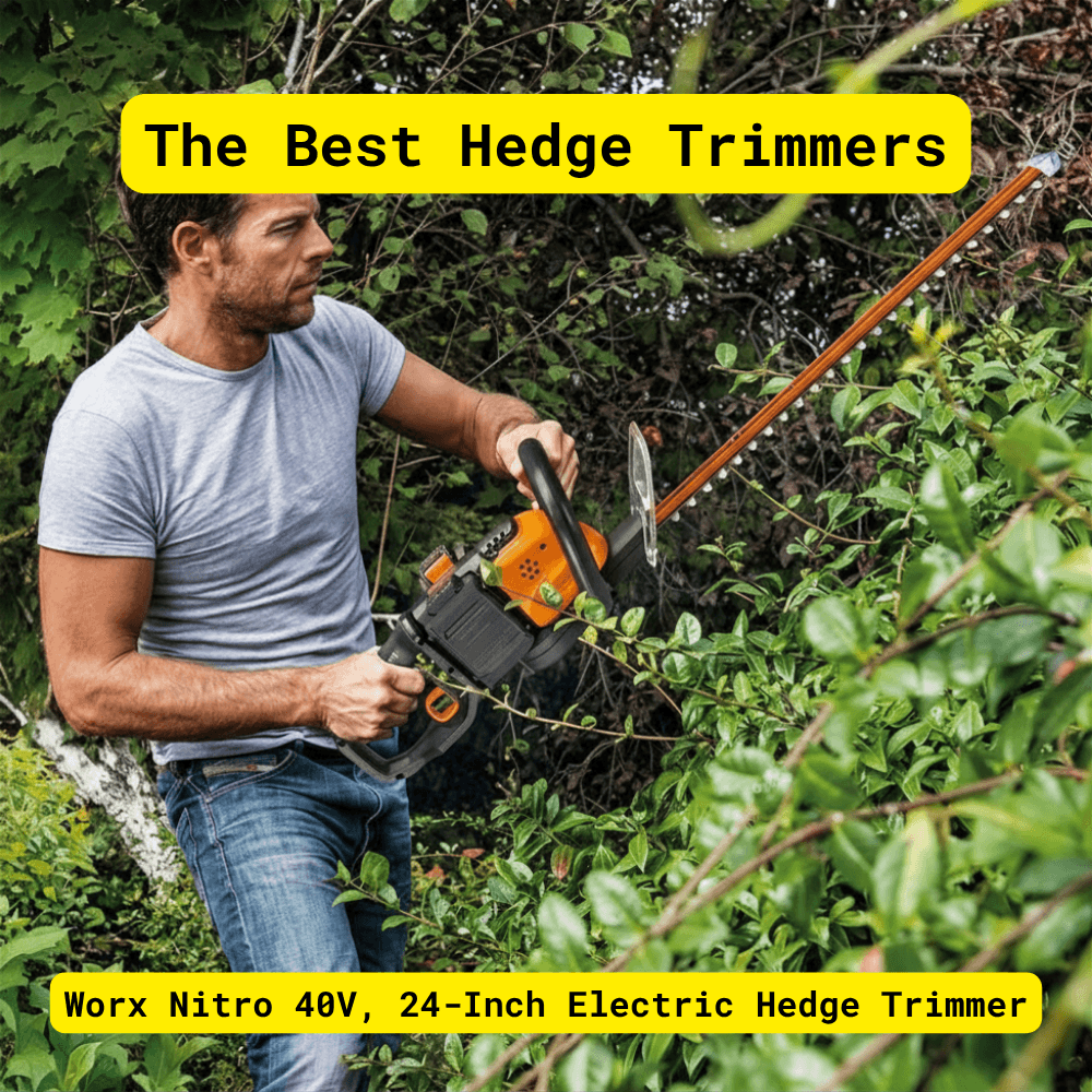 Worx Nitro 40V 24-inch electric hedge trimmer cutting thick outdoor hedges